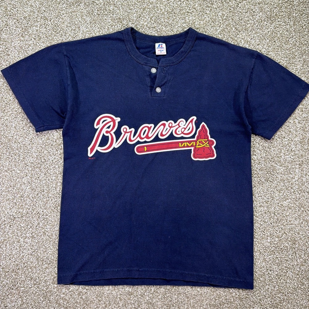 Vintage Atlanta Braves Russell Athletic Henley Tee Size Medium Navy Blue Classic